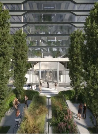 Moderne kantoorgebouw aan de Marten Meesweg met glazen gevel, zichtbare binnentuinen en een groene entree met wandel- en fietspad.